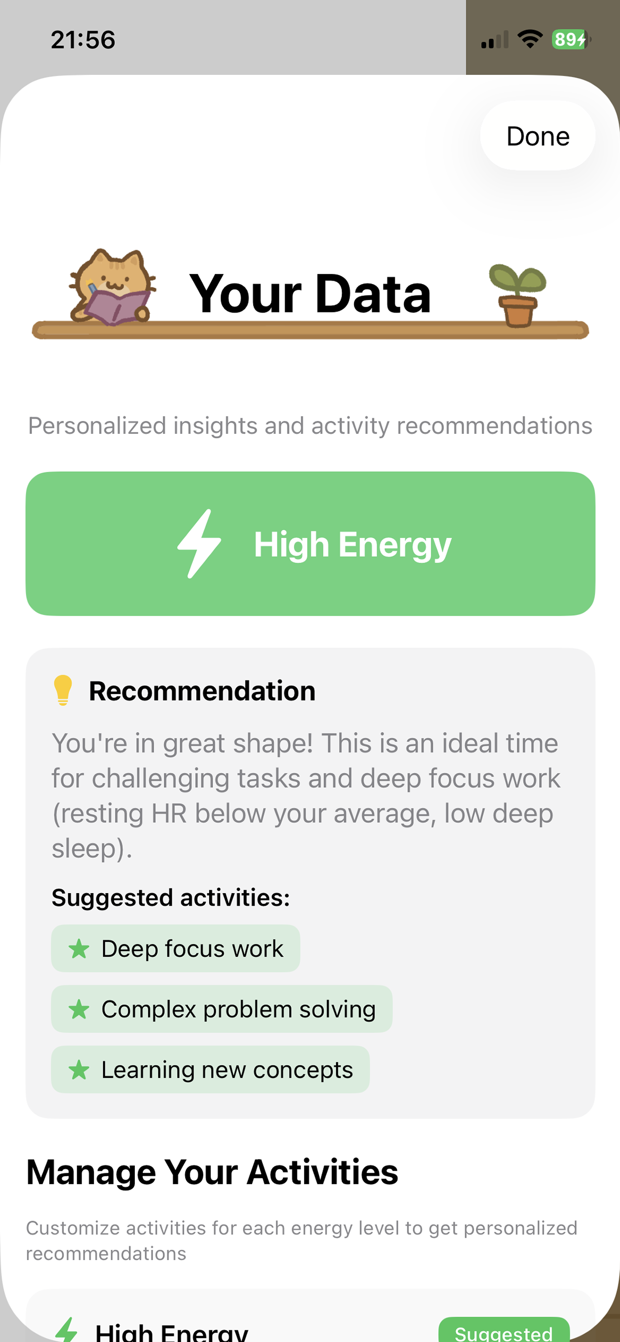 Your Data screen with personalised energy recommendations from Apple Watch health data